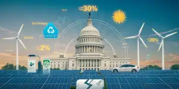 Illustration of diverse renewable energy technologies with financial charts and US Capitol, symbolizing government incentives and tax credits for clean energy.