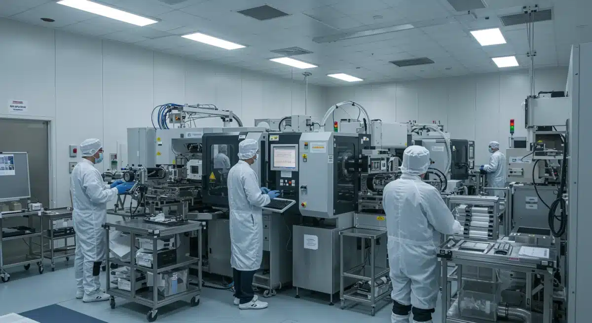 Cleanroom engineers working on advanced US semiconductor fabrication equipment.