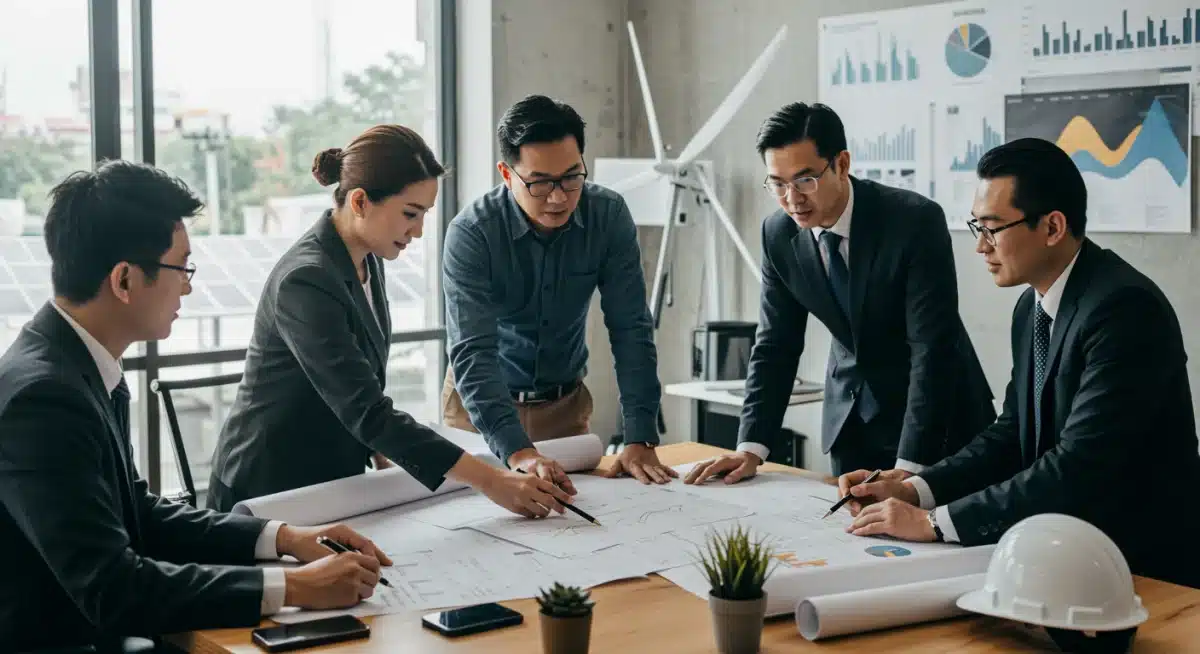 Professionals collaborating on a renewable energy project plan, discussing financial projections and strategic implementation for maximizing tax credits.