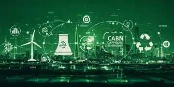 Futuristic sustainable technology landscape with renewable energy, carbon capture, and circular economy elements.