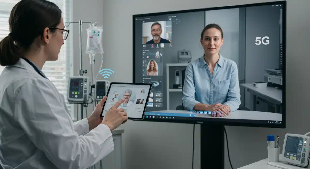Healthcare professional conducting a remote consultation via 5G, demonstrating telehealth advancements.