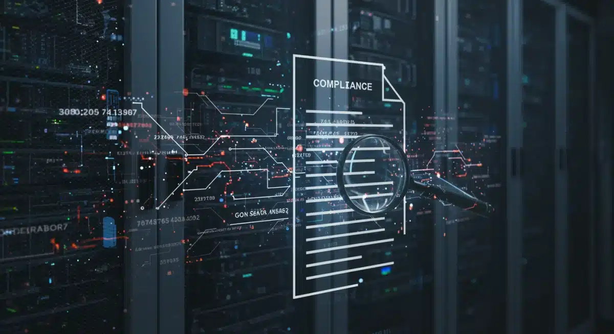 Abstract image of legal text intertwined with glowing code, representing AI compliance and governance.