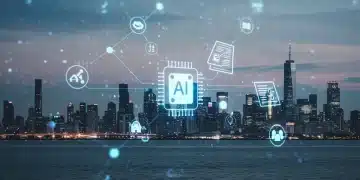 Futuristic cityscape with digital network overlays representing AI ethics and 2026 regulations.