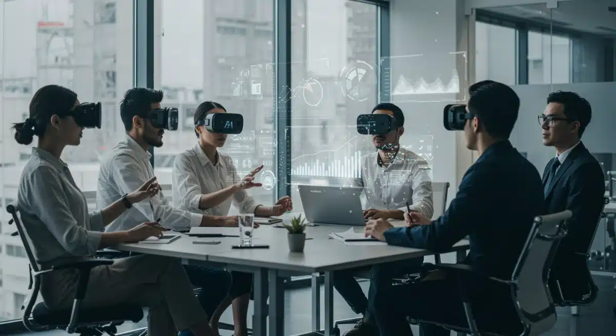 Professionals in a virtual reality meeting with AI data visualizations, depicting AI-powered virtual assistants and AR in future workplaces.