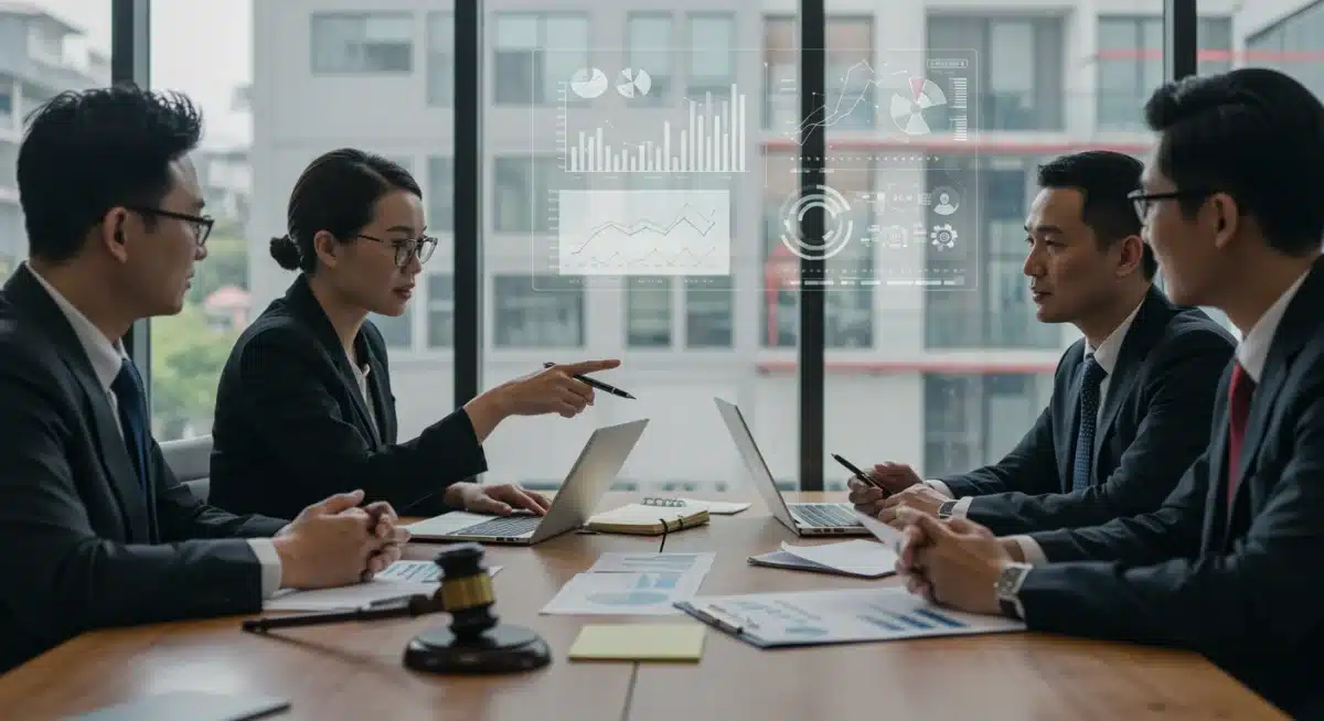 Business team and legal advisor discussing IP strategy with charts.