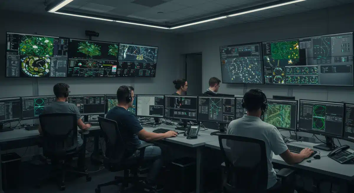 Cybersecurity team collaborating in a modern threat intelligence control room