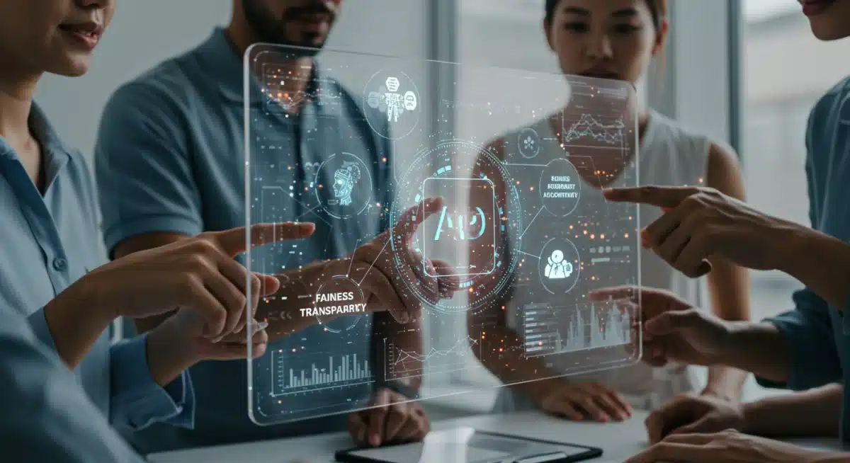 Diverse team collaborating on a holographic display of AI ethics guidelines and data points.