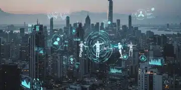 Futuristic cityscape with digital interfaces, robots, and humans collaborating, representing automation's impact on future work.