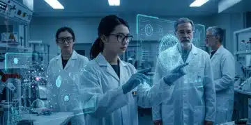 Futuristic lab with scientists analyzing bio-integrated AI data.