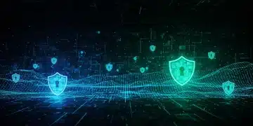 Futuristic digital security protecting US infrastructure from cyber threats