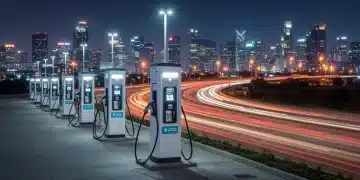 Futuristic EV charging station with multiple illuminated points in a city