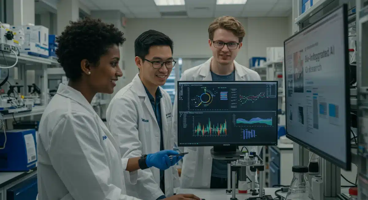 Researchers collaborating on bio-integrated AI development.