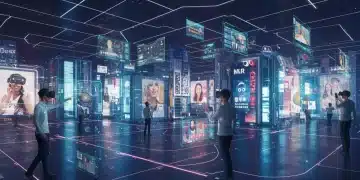 Futuristic metaverse cityscape with integrated brand logos and VR users, symbolizing digital transformation and brand engagement.