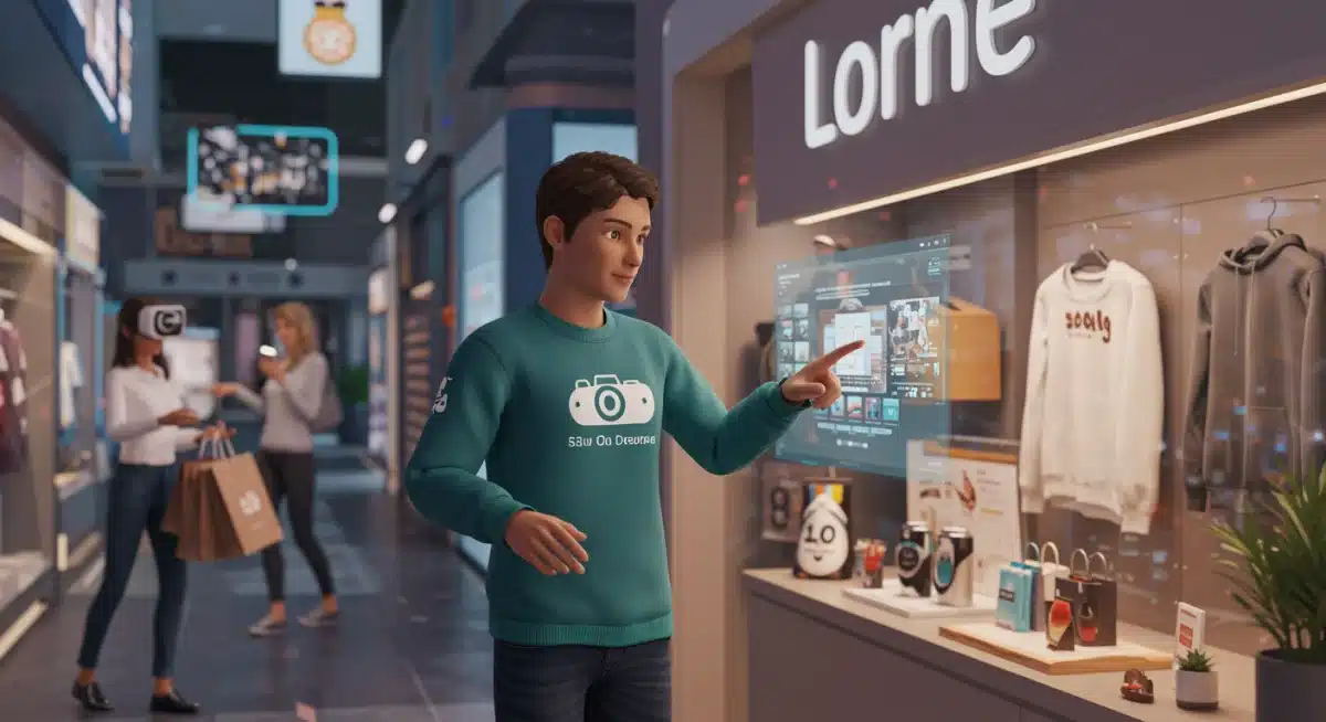 Avatar shopping in a metaverse digital storefront, showcasing virtual e-commerce and branded apparel.