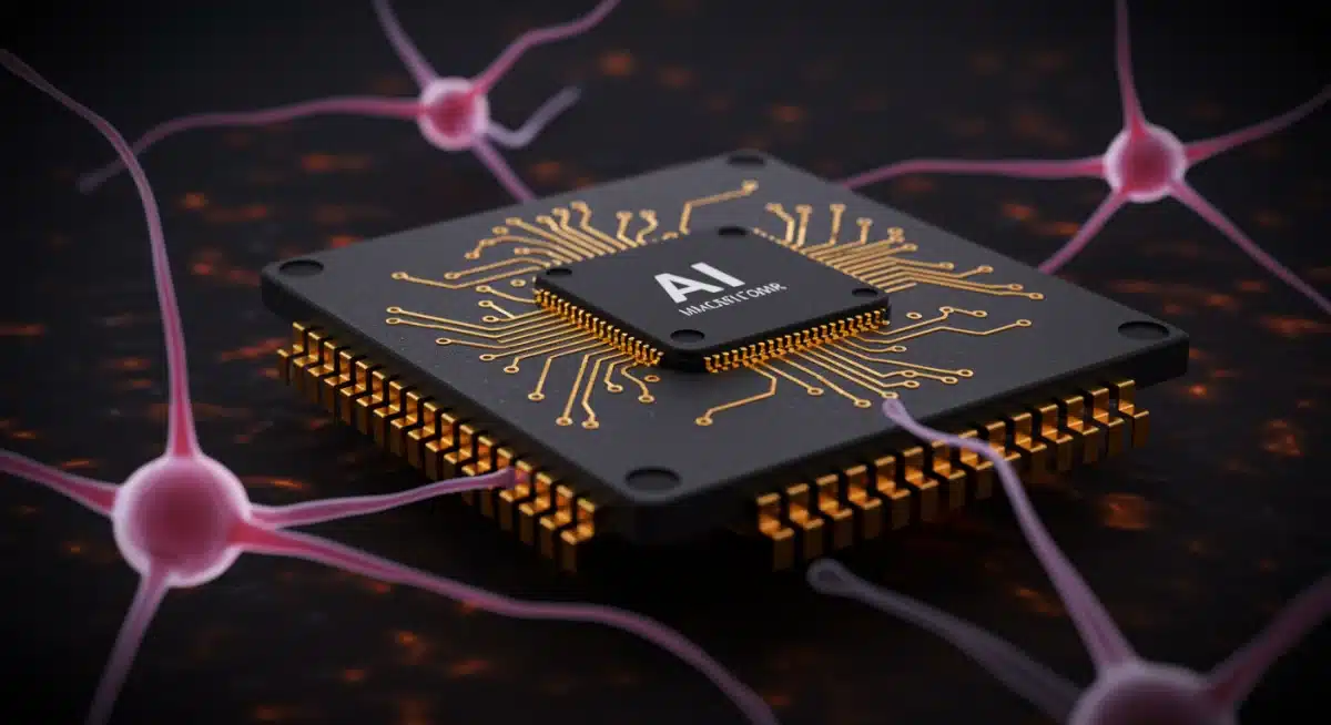 Microchip interfaced with biological neurons for AI research.