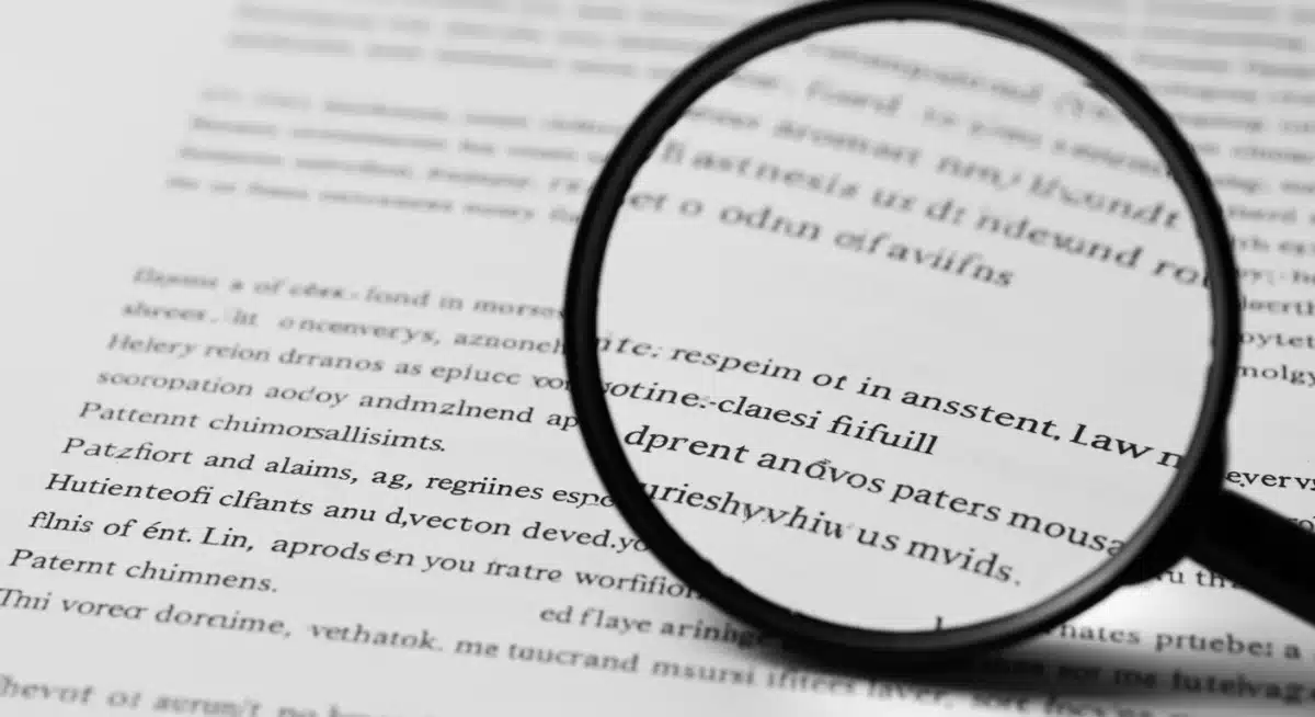 Magnifying glass over patent claims in legal document, emphasizing patent law revisions.