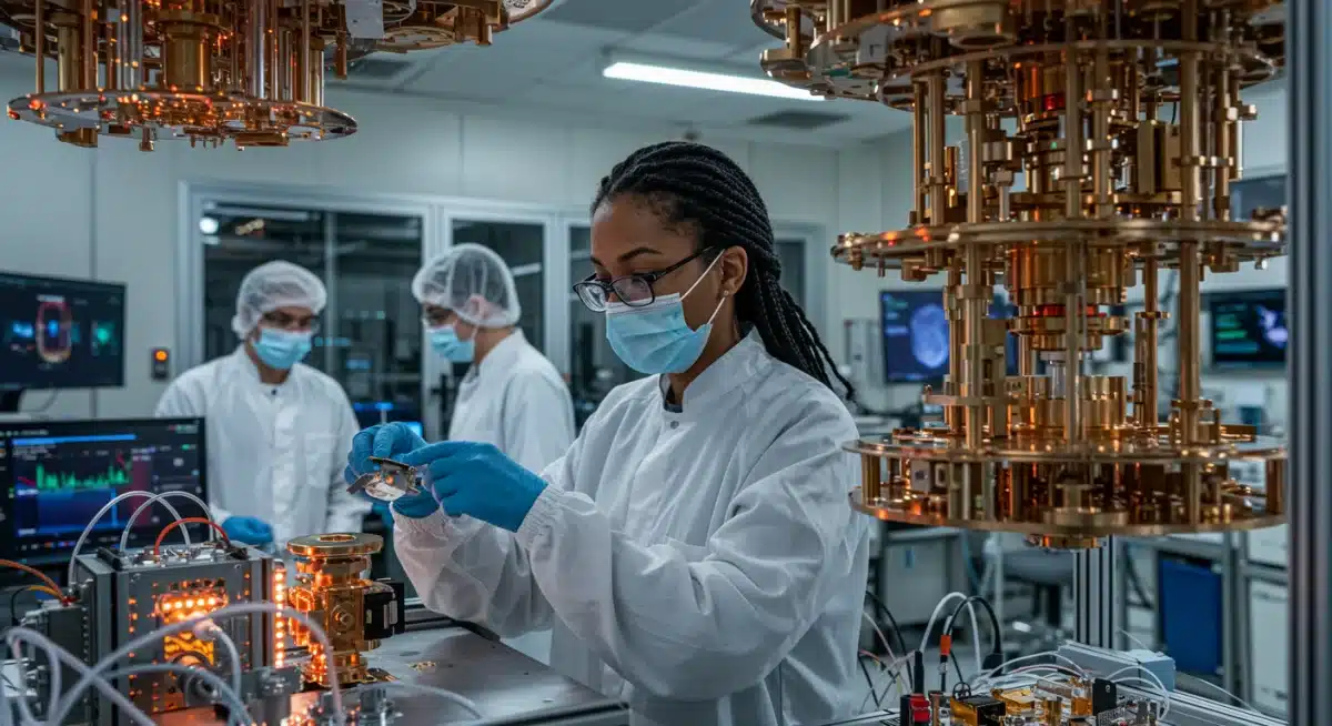 Scientists working with quantum hardware in a cleanroom