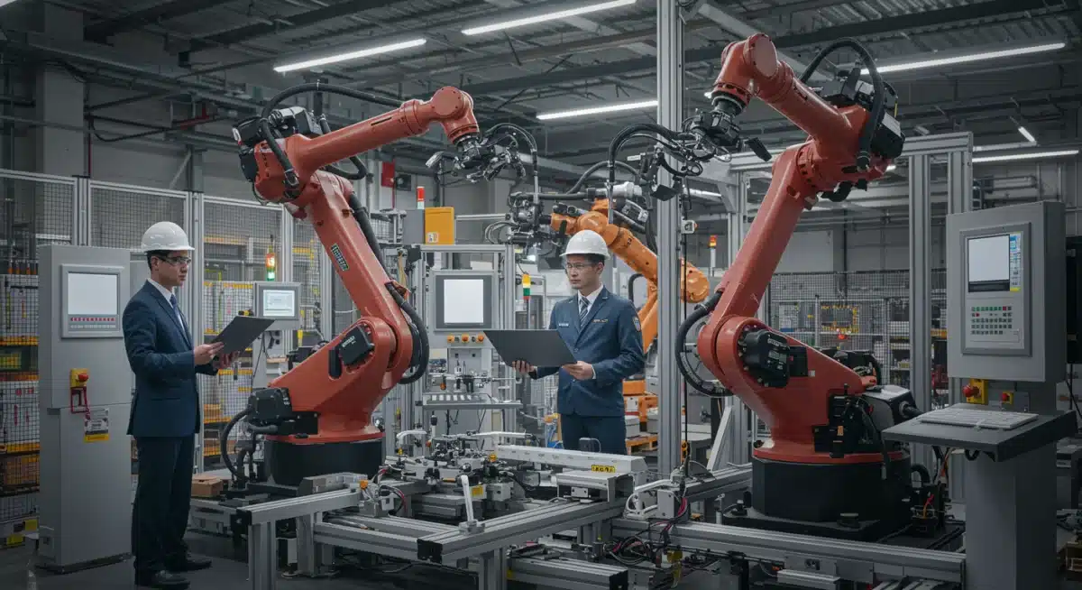 Robotic arms and human technicians collaborating in a modern factory setting, showcasing advanced manufacturing automation.