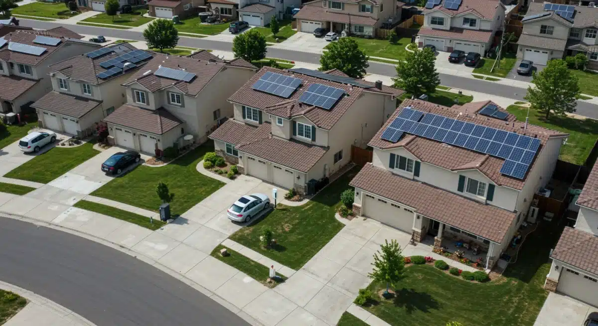 Aerial view of suburban homes with solar panels and home EV charging