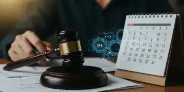 Gavel on legal documents with digital gears and 2026 calendar, representing upcoming US IP law changes.