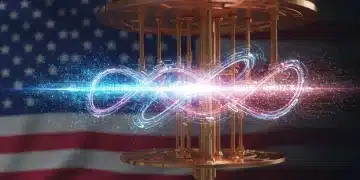 Quantum computing circuits with glowing qubits representing US innovation