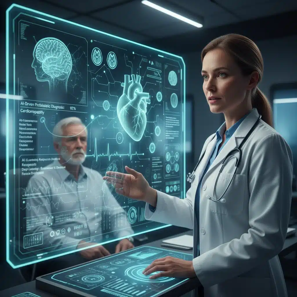 Doctor using AI for medical diagnosis and personalized treatment.