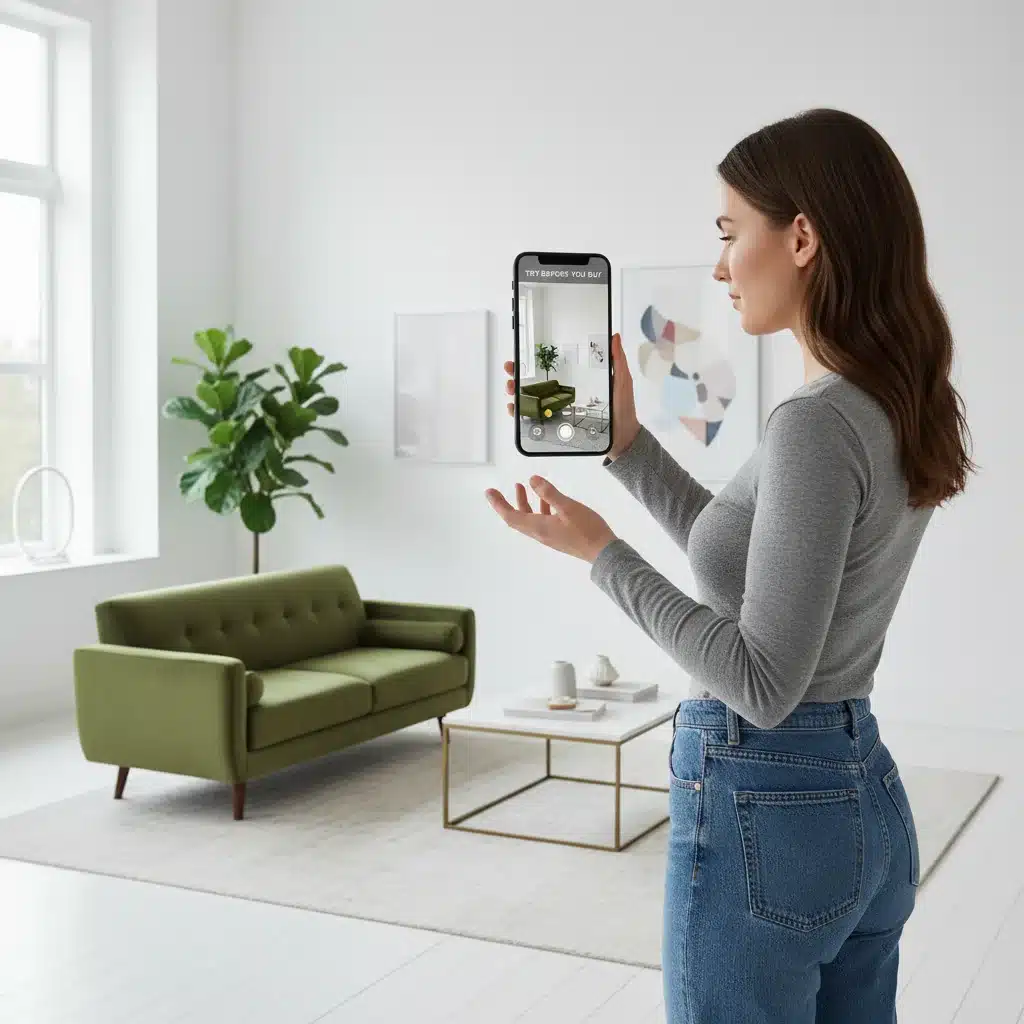 Customer using augmented reality app to visualize furniture in their home