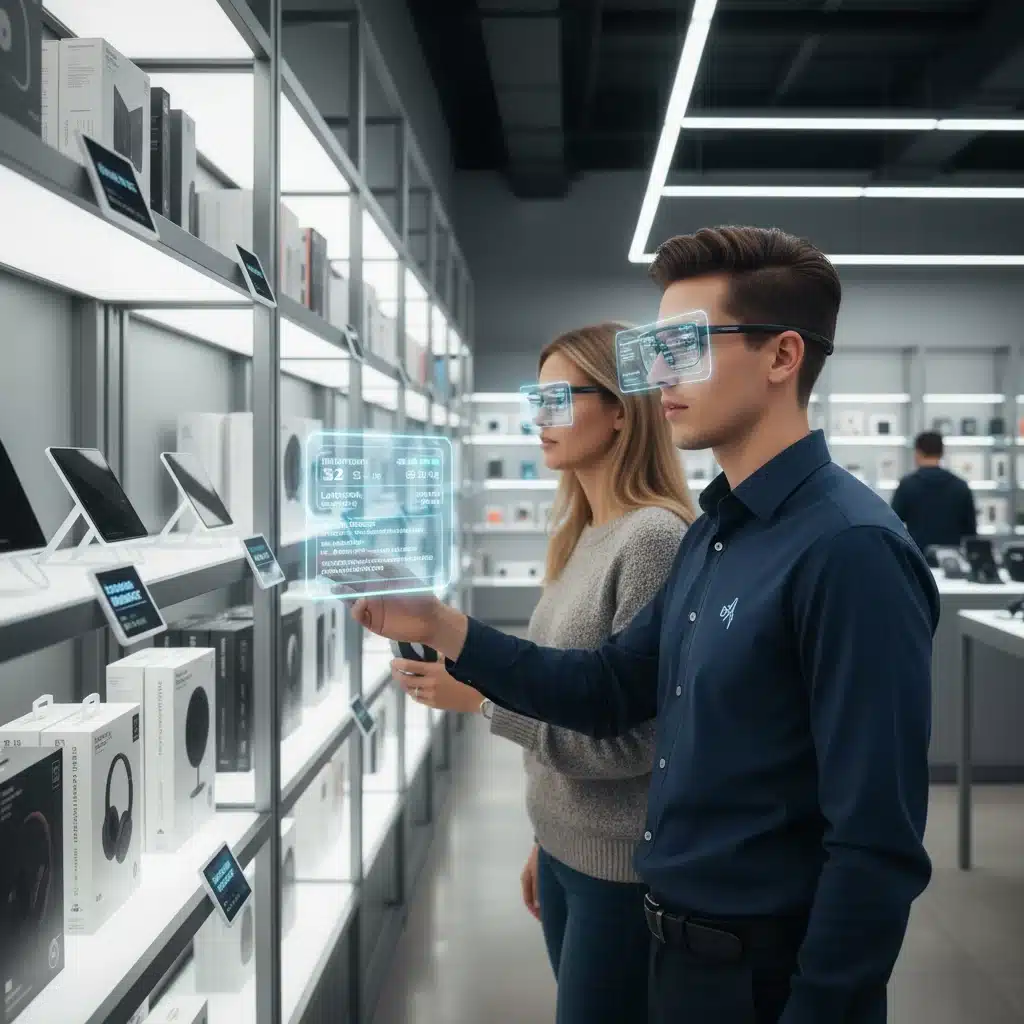 Retail staff and customer using augmented reality smart glasses for enhanced in-store experience