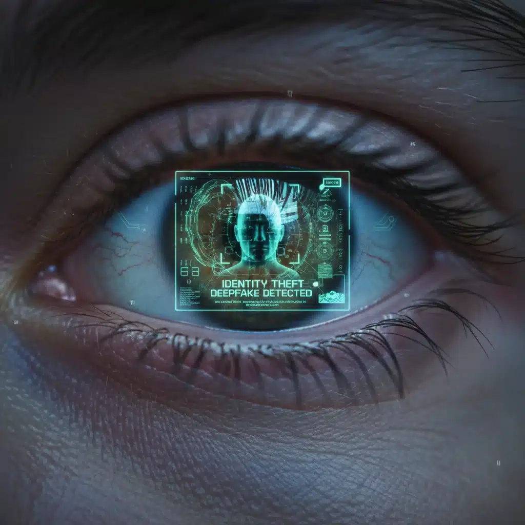 Human eye looking at screen with biometric data and AI algorithms, deepfake threat