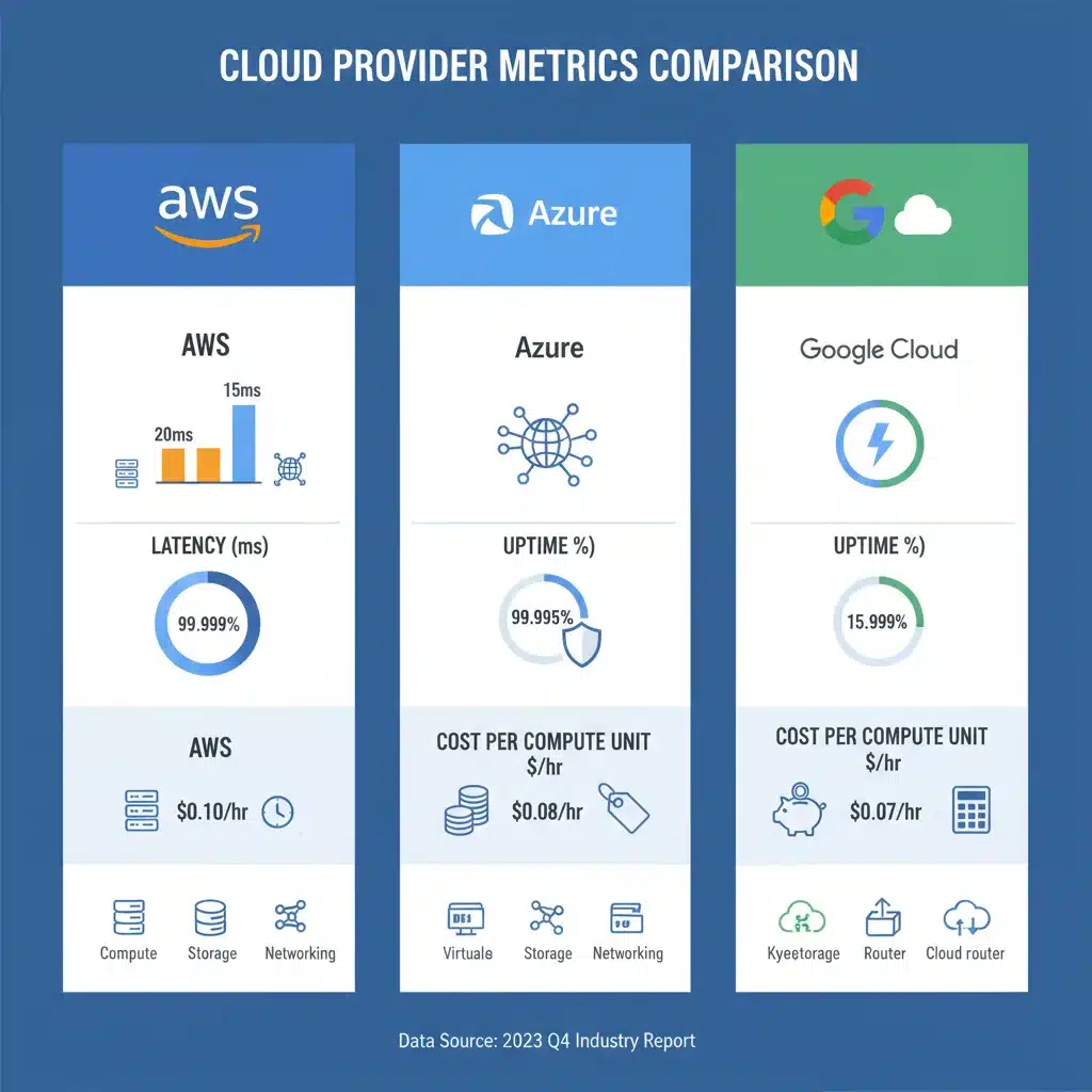 Infographic comparing performance metrics and cost efficiency of AWS, Azure, and Google Cloud.