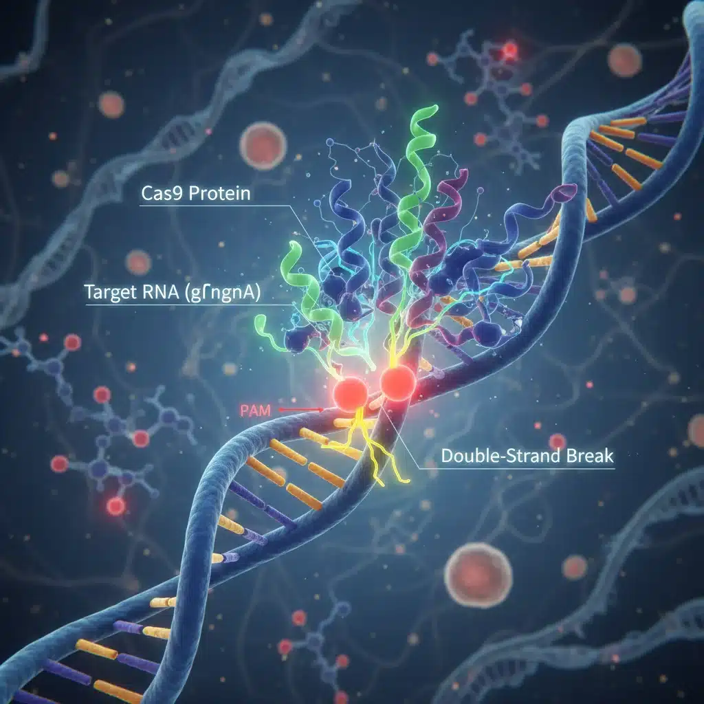 CRISPR-Cas9 gene editing technology, molecular precision.
