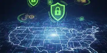 Futuristic digital network with security shields, representing US digital resilience in 2026.