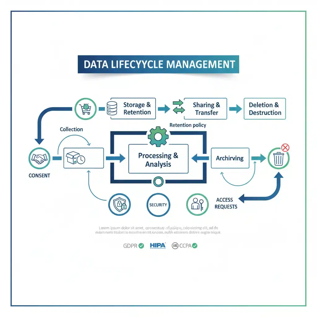 Infographic illustrating data lifecycle management and privacy compliance steps