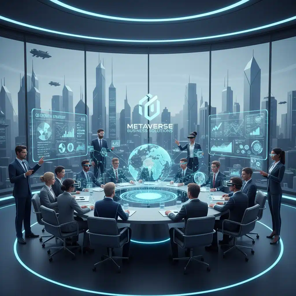 Business avatars collaborating in a virtual enterprise metaverse meeting