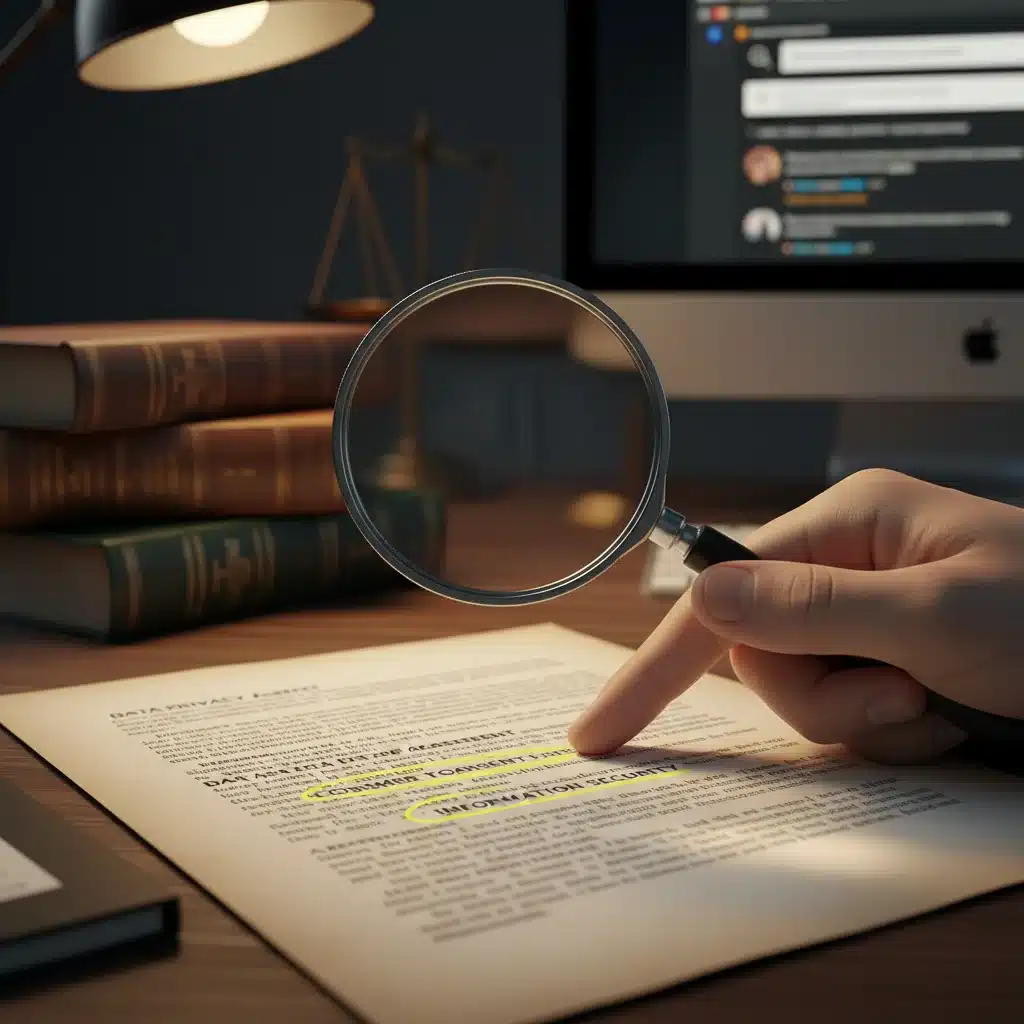 Close-up of hand examining legal document for data privacy implications