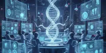 Scientists analyzing genetic data in a high-tech lab, symbolizing biotech breakthroughs.