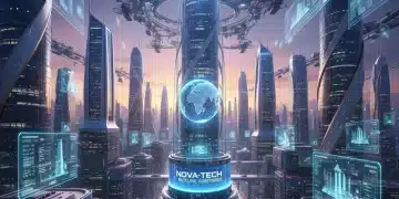 Futuristic cityscape with glowing digital overlays representing disruptive technologies driving US economic growth by 2027.
