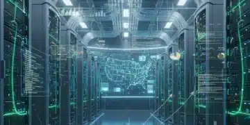 Futuristic data center with glowing servers and network connections, symbolizing advanced US cloud providers in 2026.