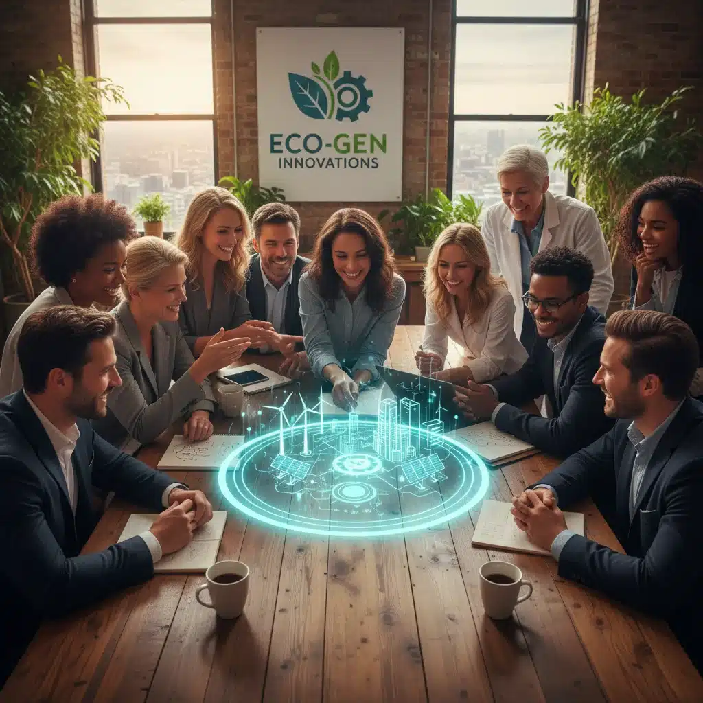 Investors and entrepreneurs discussing sustainable energy projects, symbolizing strategic collaboration in green tech startups.