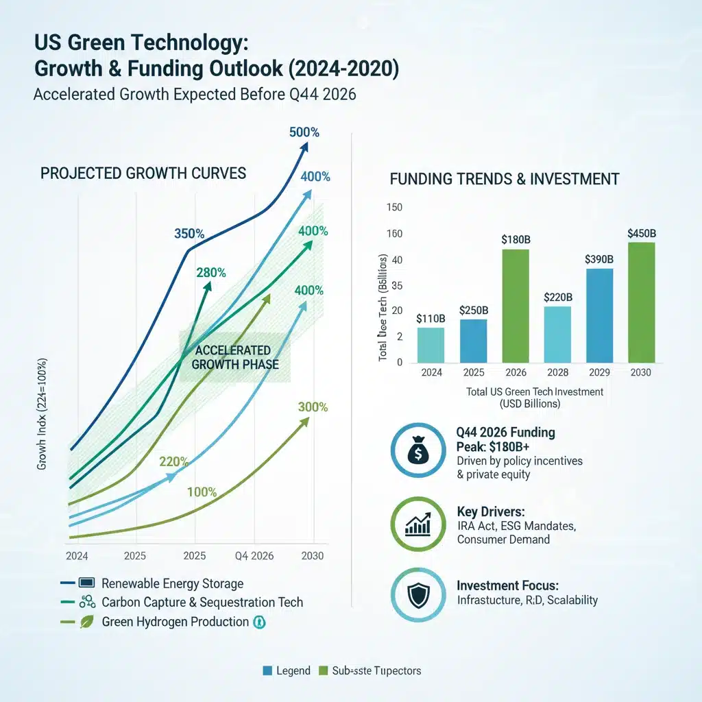 Infographic showing projected growth and funding trends in US green technology sub-sectors like renewable energy storage and carbon capture.