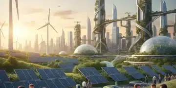Vibrant green technology ecosystem with solar panels, wind turbines, and electric vehicles, symbolizing sustainable innovation and investment opportunities.