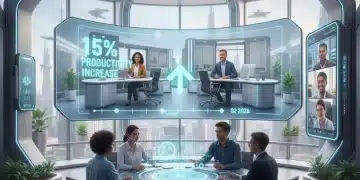 Hybrid work environment showing collaboration between in-person and remote employees, symbolizing increased productivity.