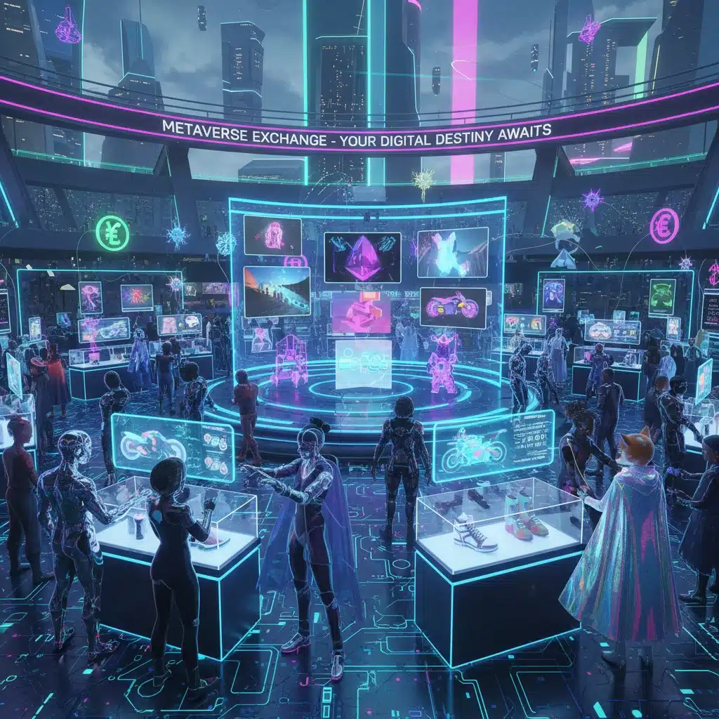 Metaverse digital marketplace with avatars buying and selling NFTs and virtual goods