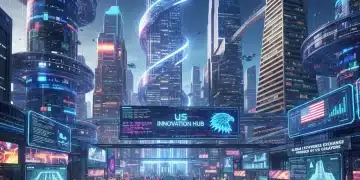 Metaverse economy in the US with digital avatars and futuristic architecture