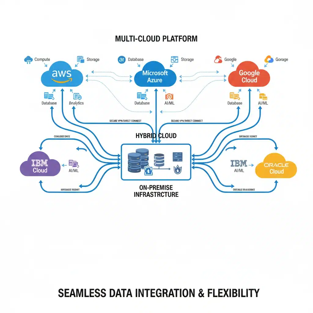 Multi-cloud architecture diagram showcasing hybrid cloud integration and data flow.