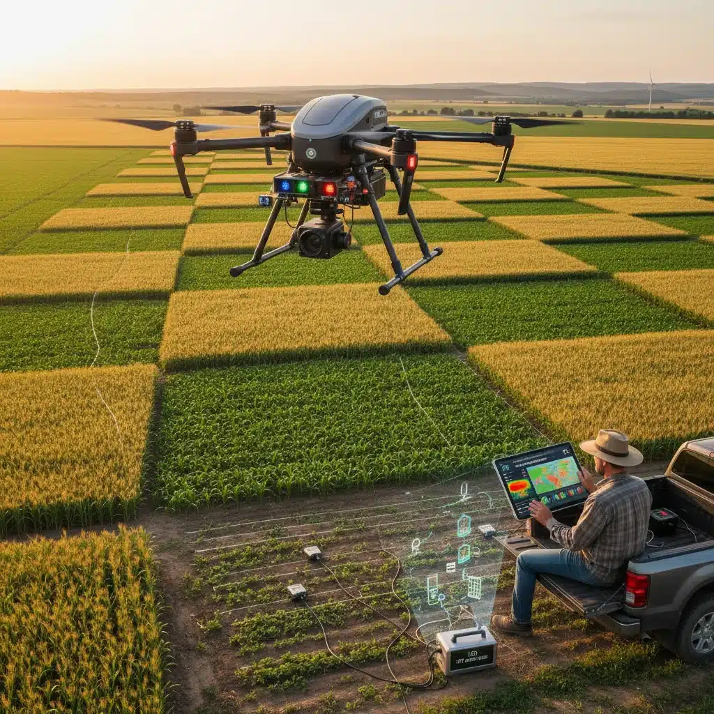Drone performing precision agriculture with AI and IoT sensors