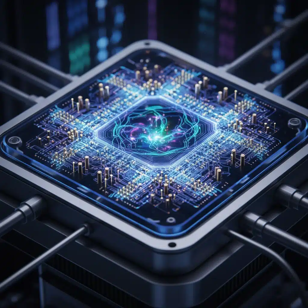Close-up of a quantum computer chip, illustrating the intricate design and power of quantum computing.