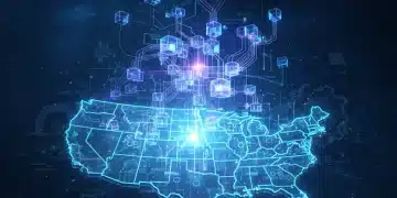 Stylized quantum computer with glowing qubits over a US map, symbolizing patent surge and innovation.