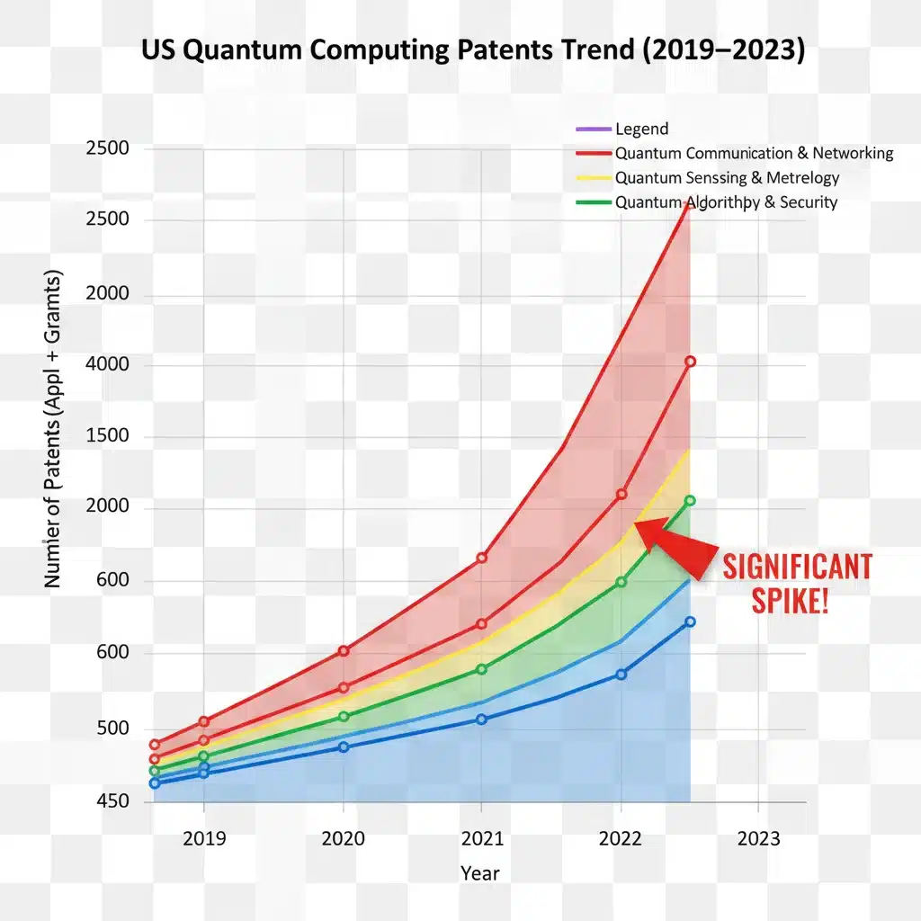 Upward trend graph of US quantum computing patent applications and grants.