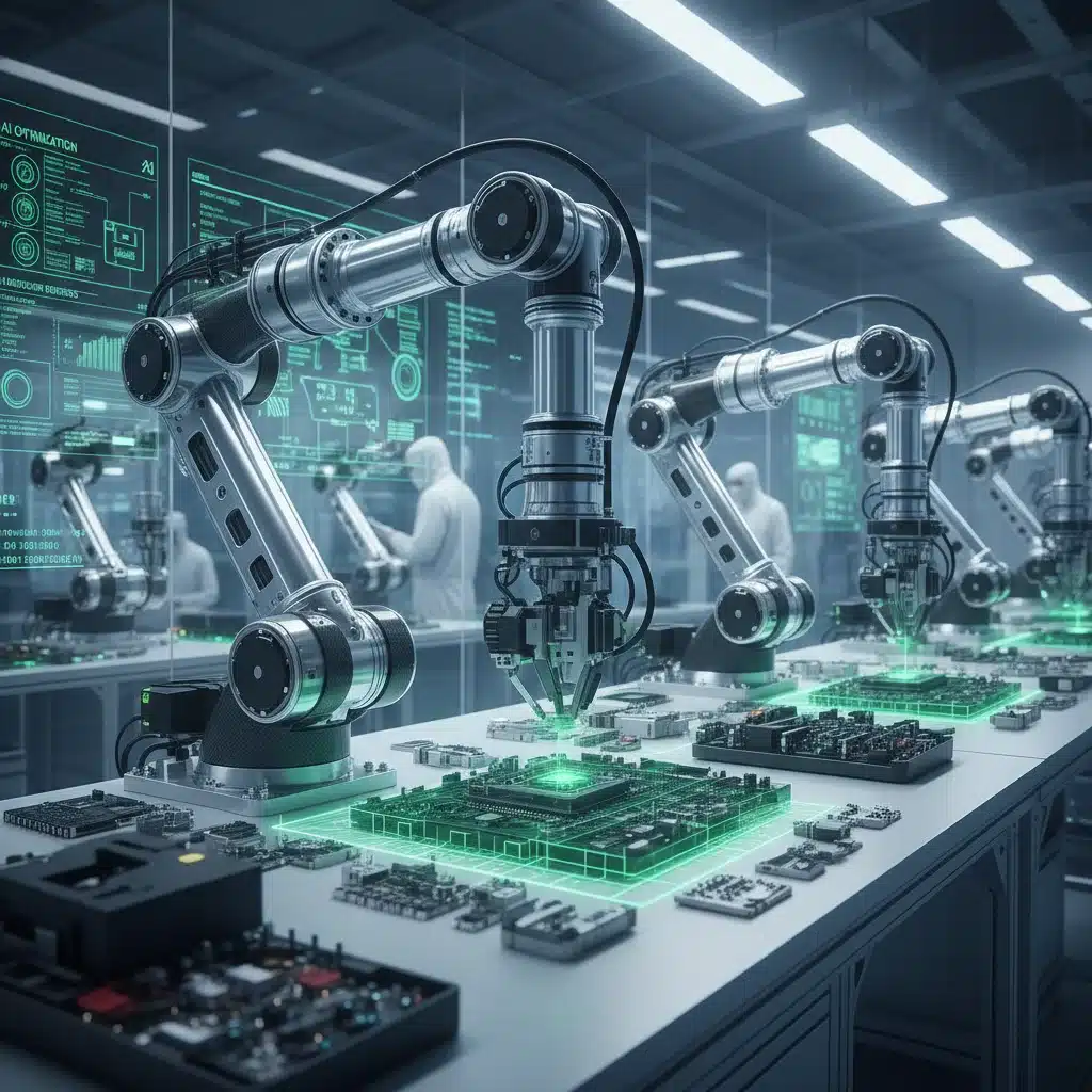 Robotic arm in a smart factory, demonstrating AI and automation in advanced manufacturing processes.